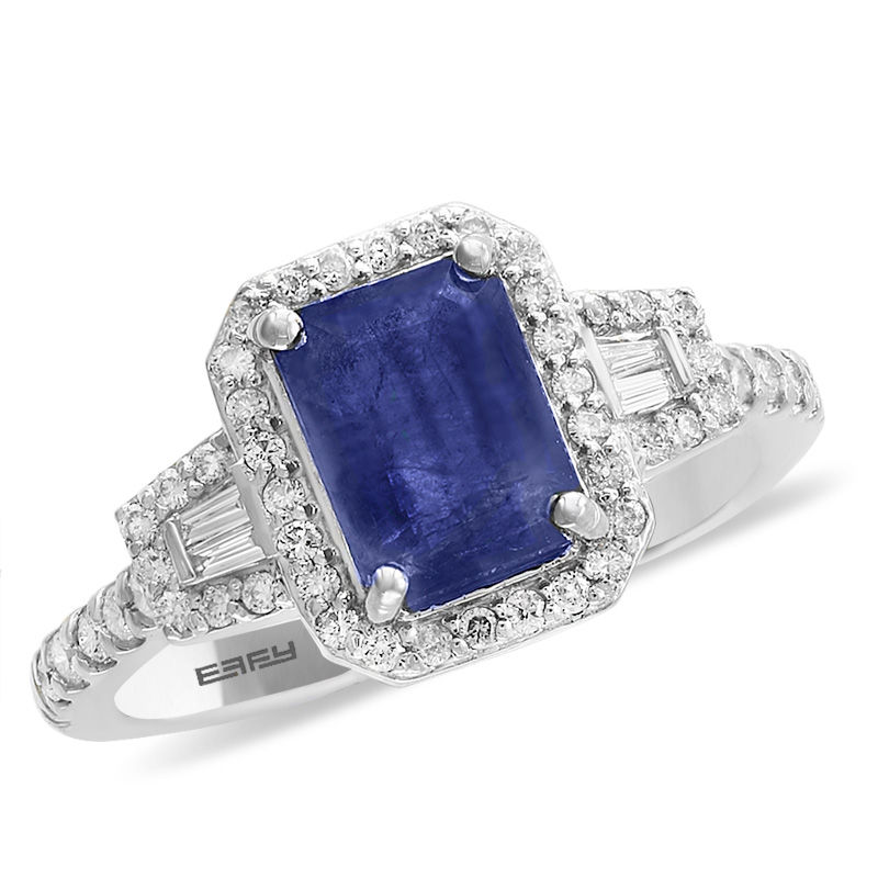 EFFY™ Collection Emerald-Cut Blue Sapphire and 1/3 CT. T.W. Diamond Frame Ring in 14K White Gold