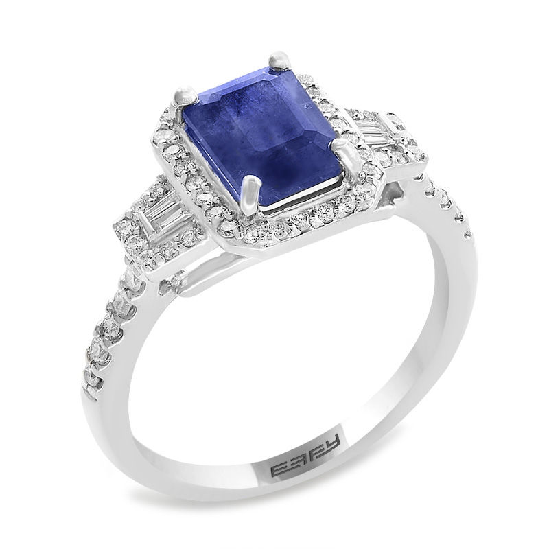 EFFY™ Collection Emerald-Cut Blue Sapphire and 1/3 CT. T.W. Diamond Frame Ring in 14K White Gold