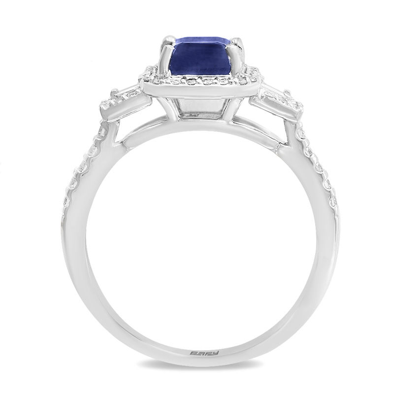 EFFY™ Collection Emerald-Cut Blue Sapphire and 1/3 CT. T.W. Diamond Frame Ring in 14K White Gold