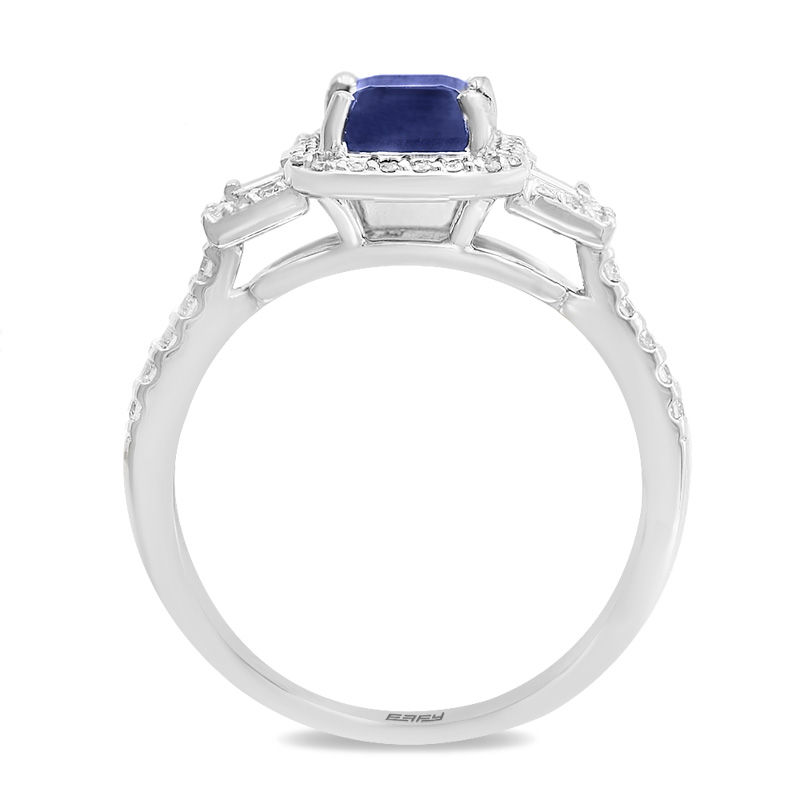 Main Image 3 of EFFY™ Collection Emerald-Cut Blue Sapphire and 1/3 CT. T.W. Diamond Frame Ring in 14K White Gold