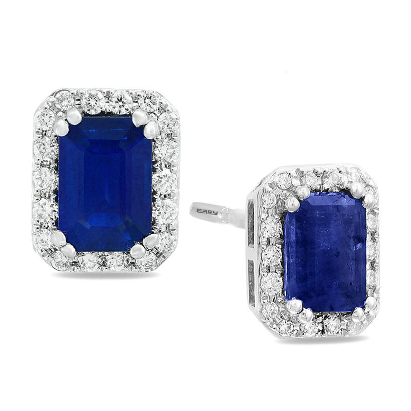 Main Image 1 of EFFY™ Collection Emerald-Cut Blue Sapphire and 1/5 CT. T.W. Diamond Frame Stud Earrings in 14K White Gold