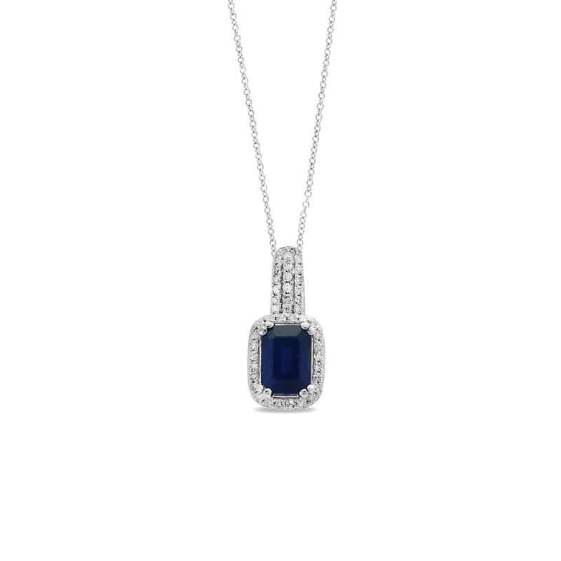 EFFY™ Collection Emerald-Cut Blue Sapphire and 1/6 CT. T.W. Diamond Frame Pendant in 14K White Gold