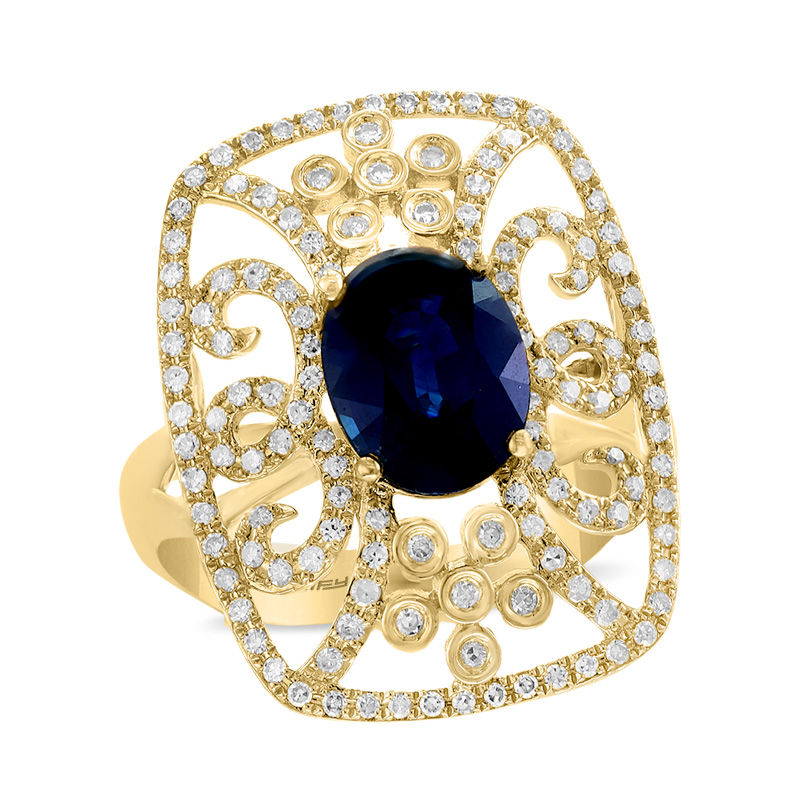 Main Image 1 of EFFY™ Collection Oval Blue Sapphire and 1/2 CT. T.W. Diamond Filigree Vintage-Style Frame Ring in 14K Gold