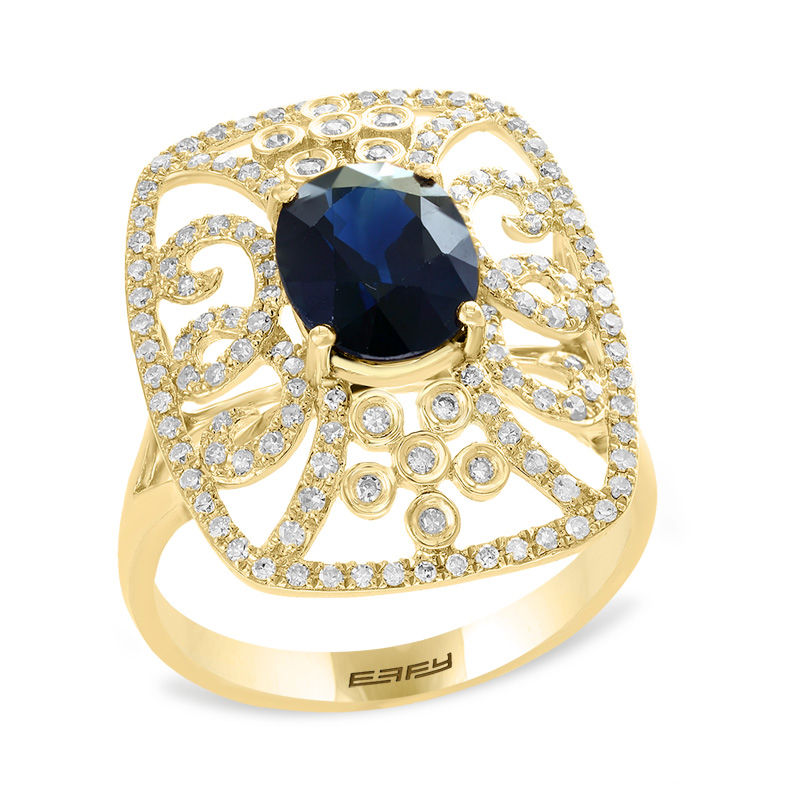 Main Image 2 of EFFY™ Collection Oval Blue Sapphire and 1/2 CT. T.W. Diamond Filigree Vintage-Style Frame Ring in 14K Gold