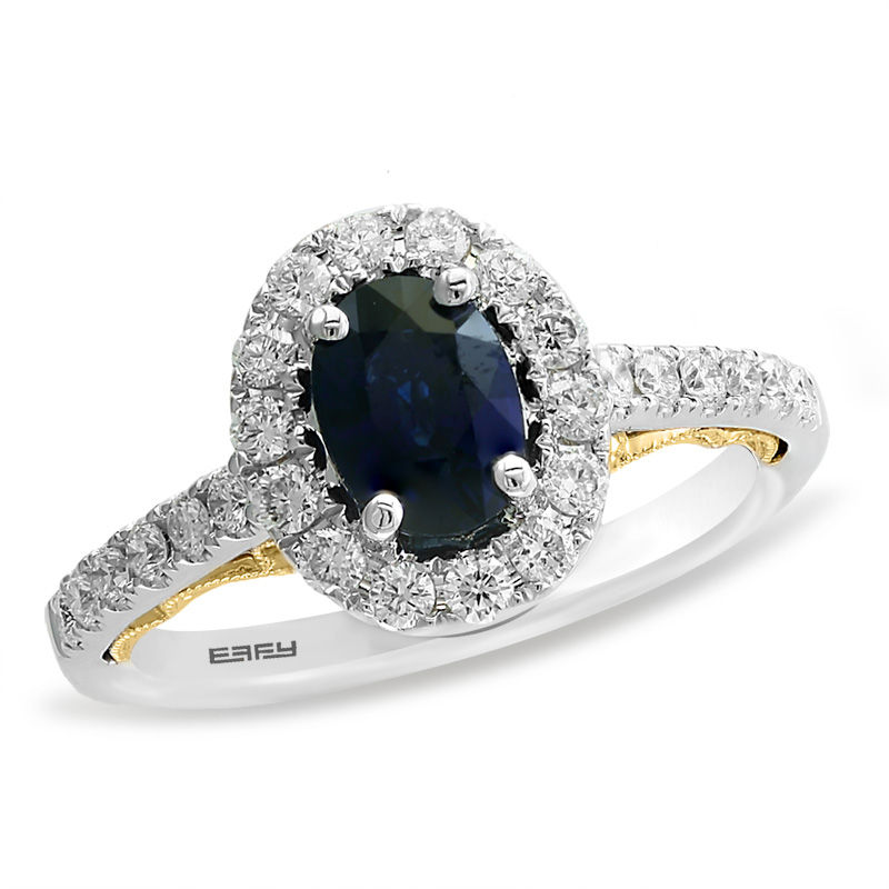 EFFY™ Collection Oval Blue Sapphire and 1/2 CT. T.W. Diamond Frame Vintage-Style Ring in 14K Two-Tone Gold