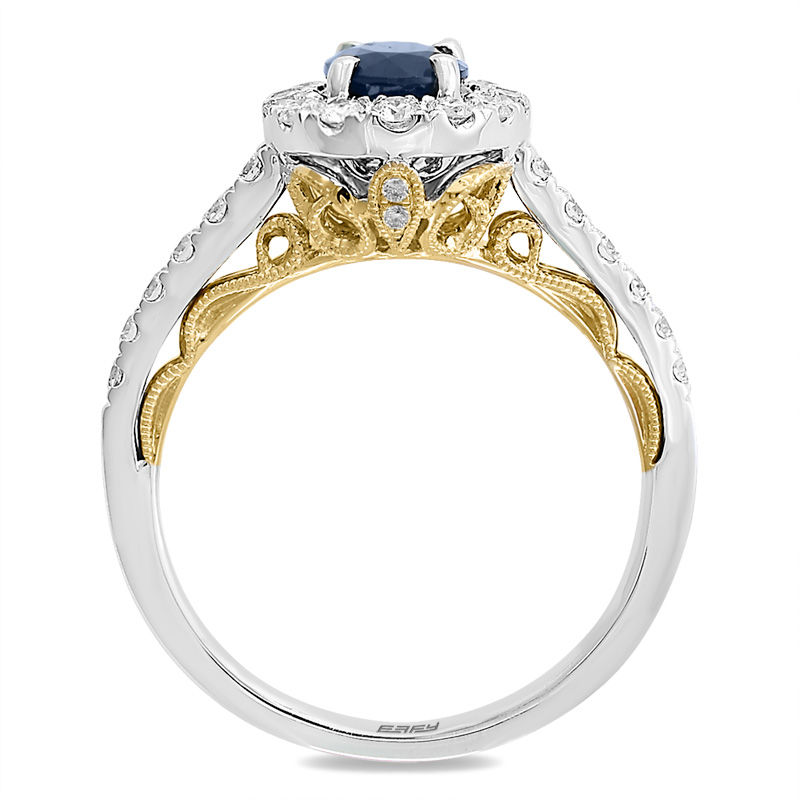 EFFY™ Collection Oval Blue Sapphire and 1/2 CT. T.W. Diamond Frame Vintage-Style Ring in 14K Two-Tone Gold