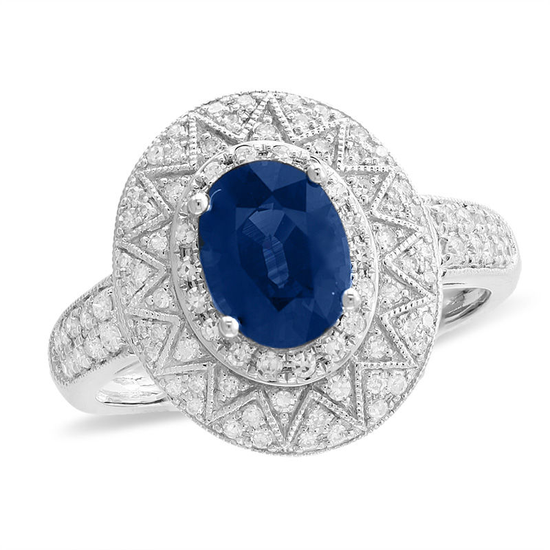 Main Image 1 of EFFY™ Collection Oval Blue Sapphire and 1/2 CT. T.W. Diamond Art Deco Frame Ring in 14K White Gold