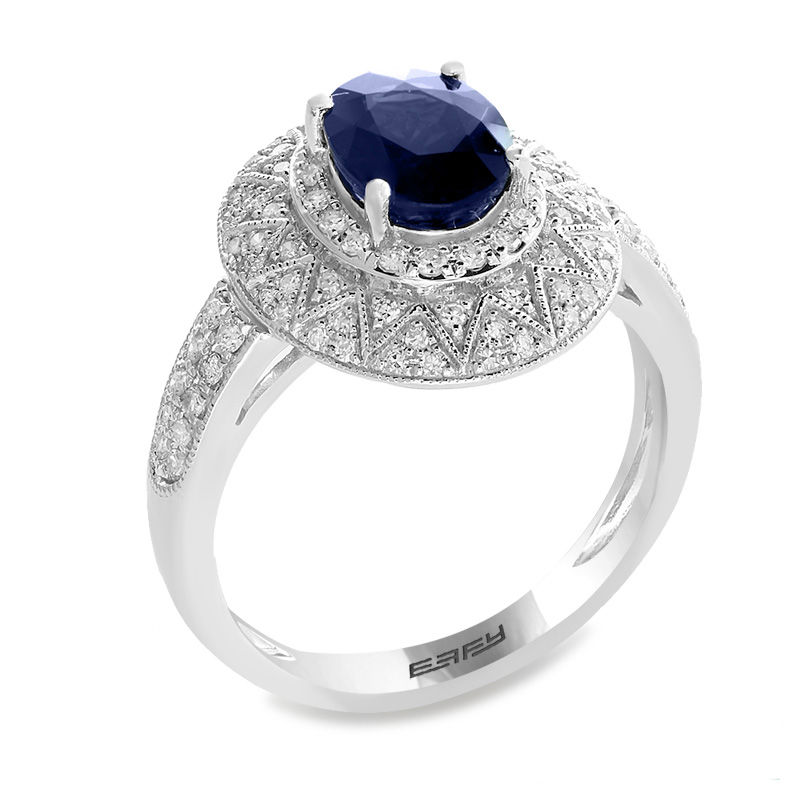 Main Image 2 of EFFY™ Collection Oval Blue Sapphire and 1/2 CT. T.W. Diamond Art Deco Frame Ring in 14K White Gold