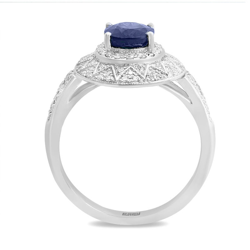 Main Image 3 of EFFY™ Collection Oval Blue Sapphire and 1/2 CT. T.W. Diamond Art Deco Frame Ring in 14K White Gold