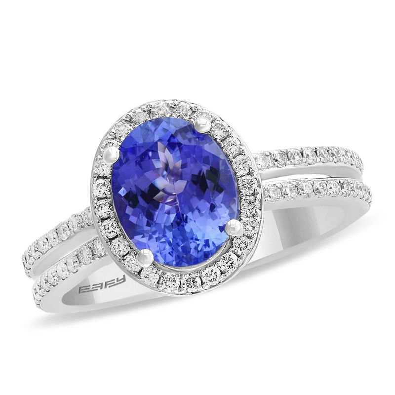 Main Image 1 of EFFY™ Collection Oval Tanzanite and 3/8 CT. T.W. Diamond Frame Double Row Split Shank Ring in 14K White Gold