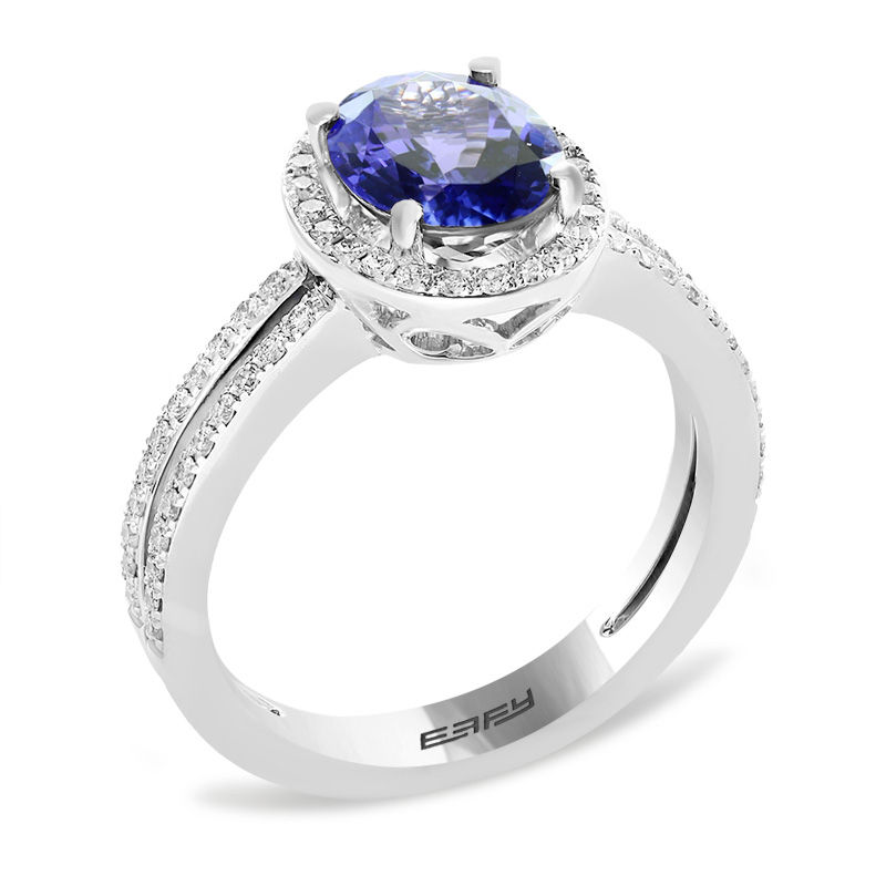 Main Image 2 of EFFY™ Collection Oval Tanzanite and 3/8 CT. T.W. Diamond Frame Double Row Split Shank Ring in 14K White Gold