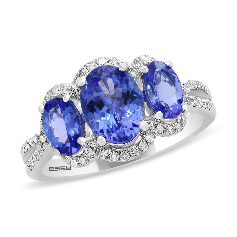 Main Image 1 of EFFY™ Collection Oval Tanzanite and 1/4 CT. T.W. Diamond Frame Three Stone Ring in 14K White Gold