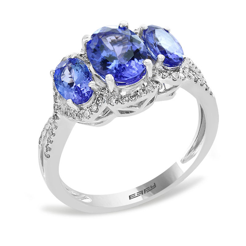 Main Image 2 of EFFY™ Collection Oval Tanzanite and 1/4 CT. T.W. Diamond Frame Three Stone Ring in 14K White Gold