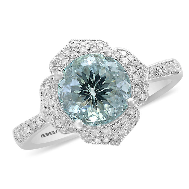 EFFY™ Collection 8.0mm Aquamarine and 1/5 CT. T.W. Diamond Floral Frame Vintage-Style Ring in 14K White Gold