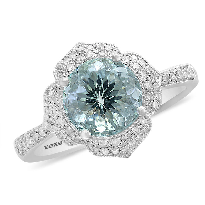 Main Image 1 of EFFY™ Collection 8.0mm Aquamarine and 1/5 CT. T.W. Diamond Floral Frame Vintage-Style Ring in 14K White Gold
