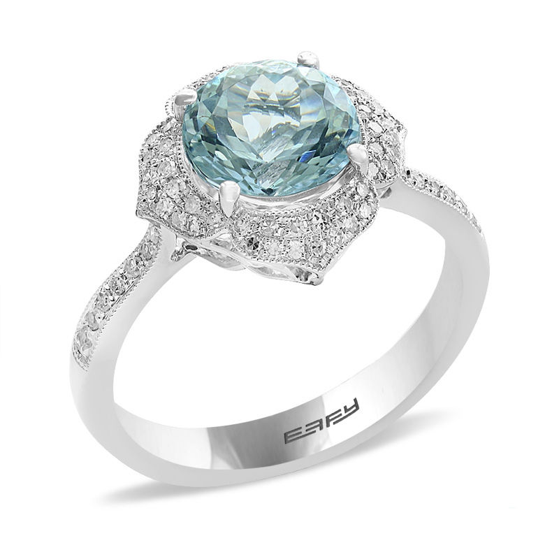 EFFY™ Collection 8.0mm Aquamarine and 1/5 CT. T.W. Diamond Floral Frame Vintage-Style Ring in 14K White Gold