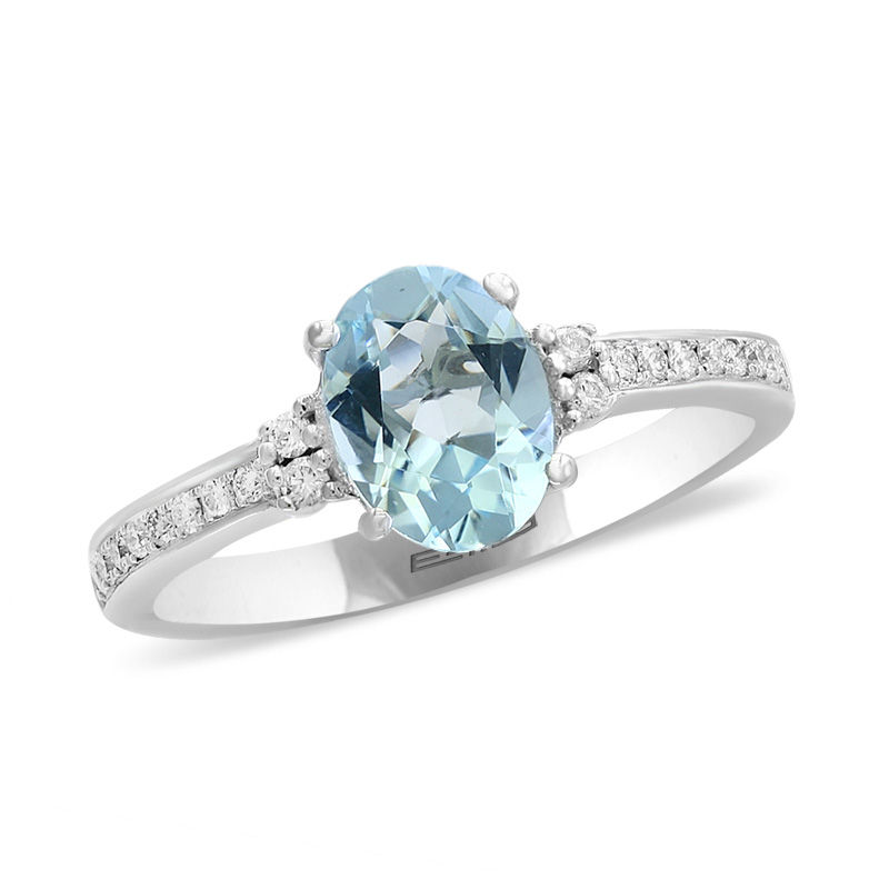 Main Image 1 of EFFY™ Collection Oval Aquamarine and 1/8 CT. T.W. Diamond Ring in 14K White Gold