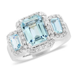 EFFY™ Collection Emerald-Cut Aquamarine and 3/8 CT. T.W. Diamond Frame Three Stone Ring in 14K White Gold