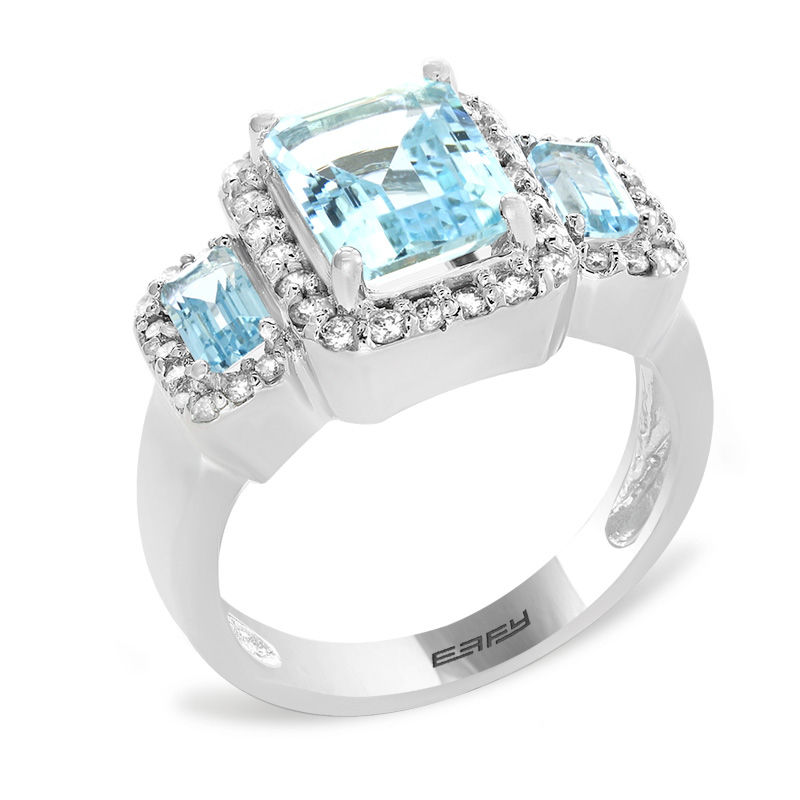 Main Image 2 of EFFY™ Collection Emerald-Cut Aquamarine and 3/8 CT. T.W. Diamond Frame Three Stone Ring in 14K White Gold