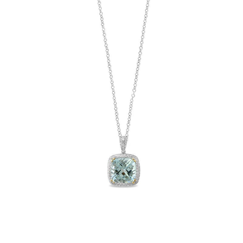 Main Image 1 of EFFY™ Collection 10.0mm Cushion-Cut Aquamarine and 1/4 CT. T.W. Diamond Frame Pendant in 14K White Gold