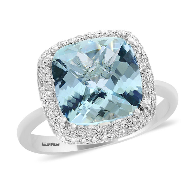 EFFY™ Collection 10.0mm Cushion-Cut Aquamarine and 1/5 CT. T.W. Diamond Double Frame Ring in 14K White Gold