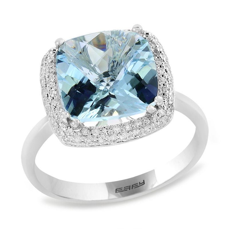 EFFY™ Collection 10.0mm Cushion-Cut Aquamarine and 1/5 CT. T.W. Diamond Double Frame Ring in 14K White Gold