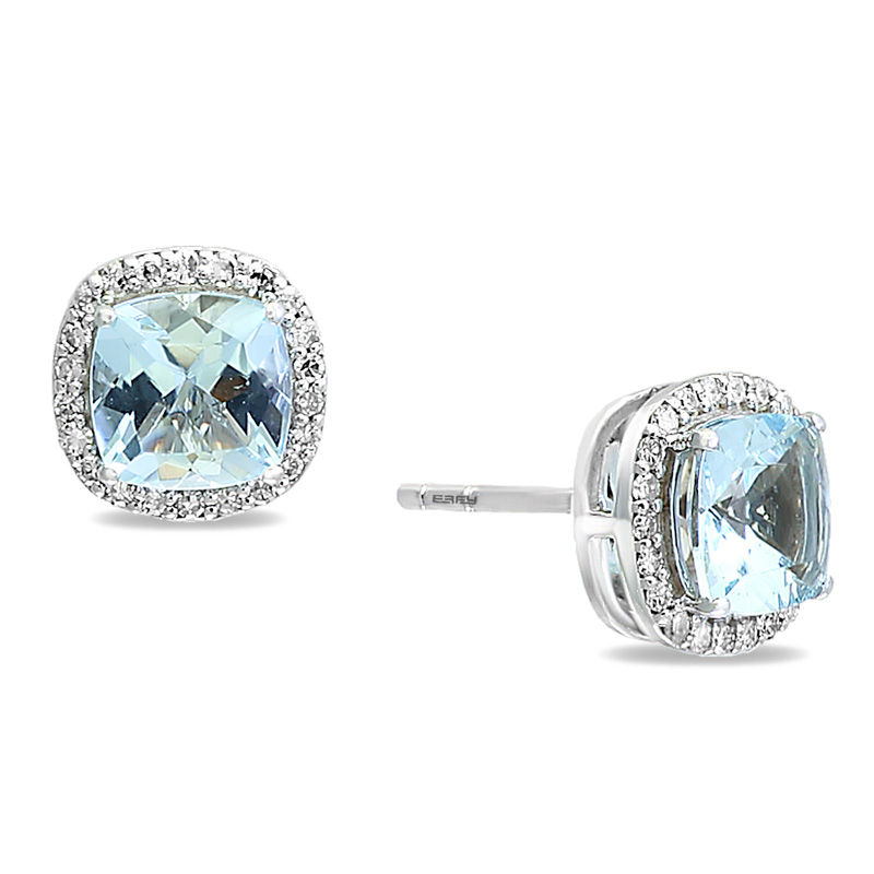 EFFY™ Collection 6.0mm Cushion-Cut Aquamarine and 1/6 CT. Diamond  Frame Stud Earrings in 14K White Gold Zales Outlet