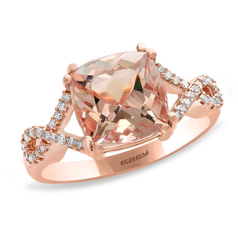 Main Image 1 of EFFY™ Collection 9.0mm Cushion-Cut Morganite and 1/6 CT. T.W. Diamond Twist Shank Ring in 14K Rose Gold