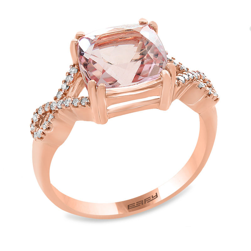 Main Image 2 of EFFY™ Collection 9.0mm Cushion-Cut Morganite and 1/6 CT. T.W. Diamond Twist Shank Ring in 14K Rose Gold