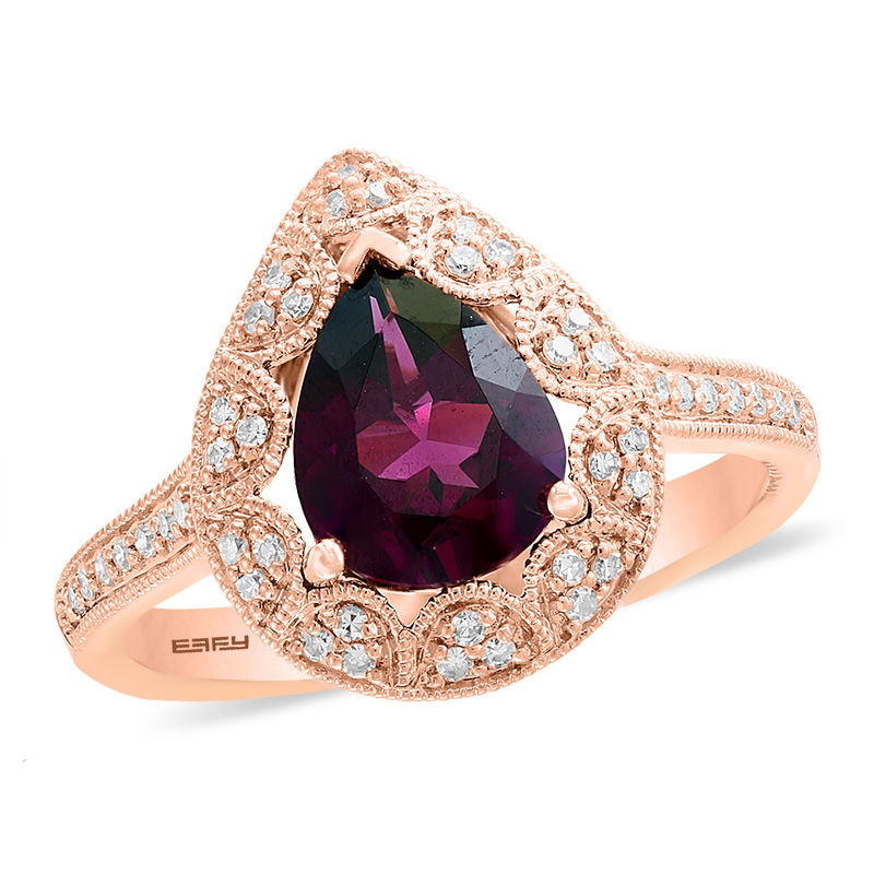 EFFY™ Collection Pear-Shaped Rhodolite Garnet and 1/6 CT. T.W. Diamond Vintage-Style Teardrop Frame Ring in 14K Rose Gold