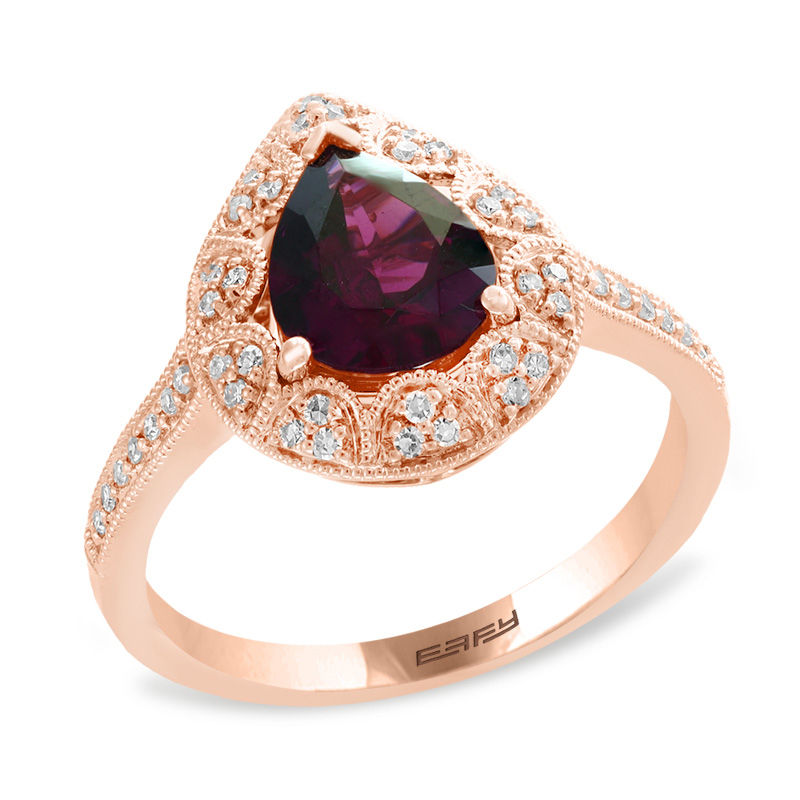 EFFY™ Collection Pear-Shaped Rhodolite Garnet and 1/6 CT. T.W. Diamond Vintage-Style Teardrop Frame Ring in 14K Rose Gold