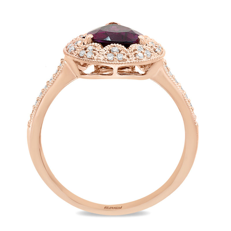 EFFY™ Collection Pear-Shaped Rhodolite Garnet and 1/6 CT. T.W. Diamond Vintage-Style Teardrop Frame Ring in 14K Rose Gold