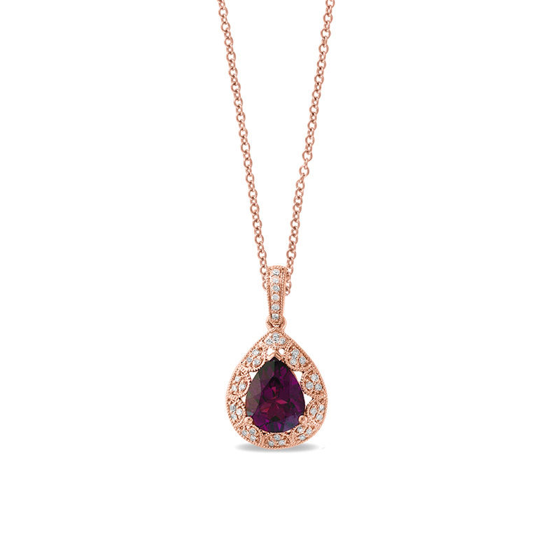 EFFY™ Collection Pear-Shaped Rhodolite Garnet and 1/8 CT. T.W. Diamond Vintage-Style Teardrop Frame Pendant in 14K Rose Gold