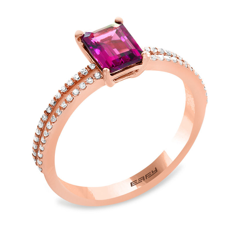 EFFY™ Collection Emerald-Cut Rhodolite Garnet and 1/6 CT. T.W. Diamond Double Row Split Shank Ring in 14K Rose Gold