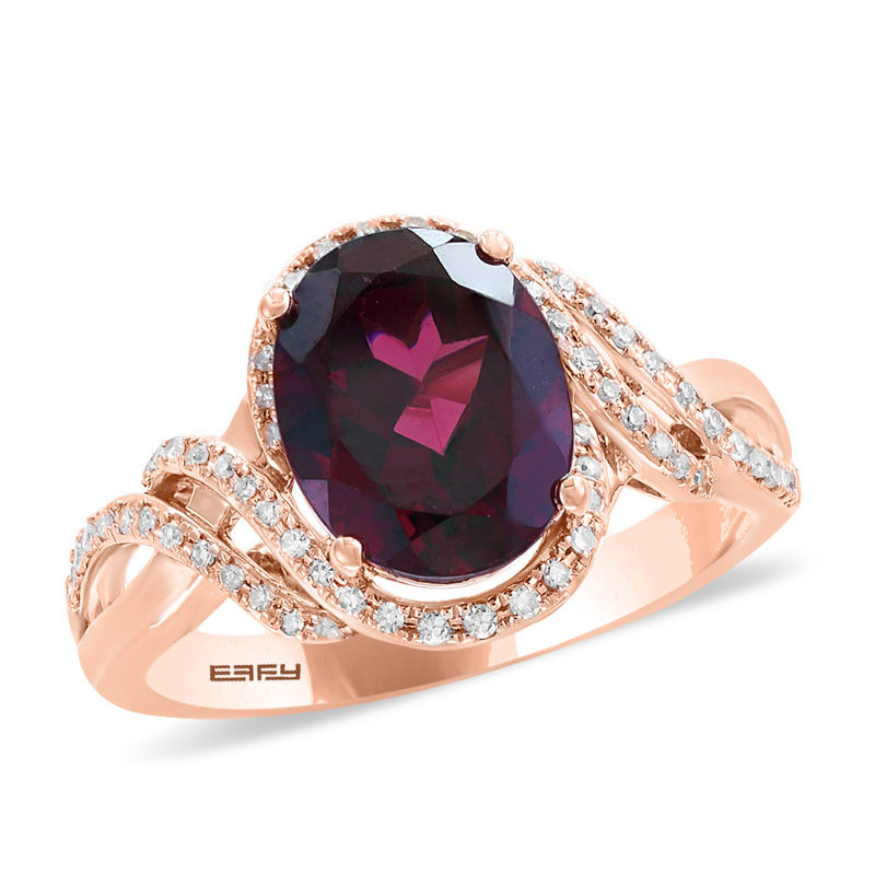 EFFY™ Collection Oval Rhodolite Garnet and 1/5 CT. T.W. Diamond Double Swirl Frame Ring in 14K Rose Gold