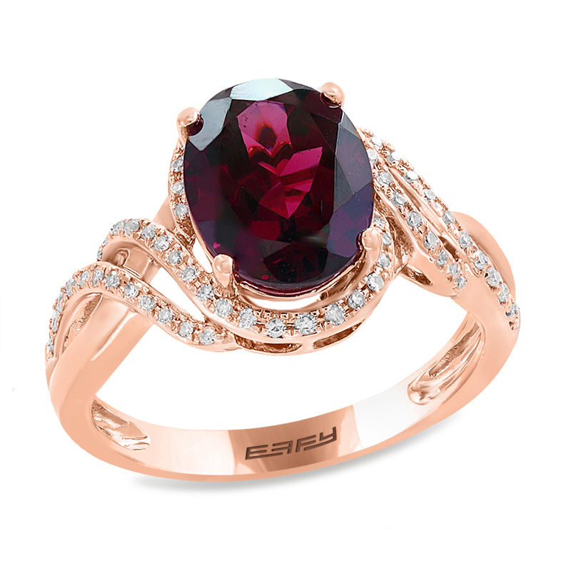 EFFY™ Collection Oval Rhodolite Garnet and 1/5 CT. T.W. Diamond Double Swirl Frame Ring in 14K Rose Gold