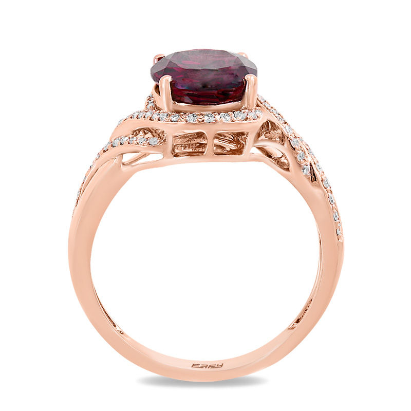 EFFY™ Collection Oval Rhodolite Garnet and 1/5 CT. T.W. Diamond Double Swirl Frame Ring in 14K Rose Gold