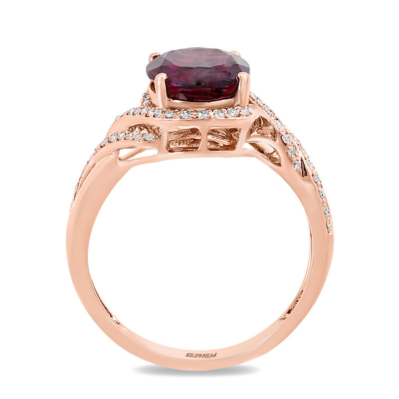 Main Image 3 of EFFY™ Collection Oval Rhodolite Garnet and 1/5 CT. T.W. Diamond Double Swirl Frame Ring in 14K Rose Gold