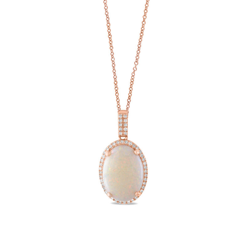 Main Image 1 of EFFY™ Collection Oval Opal and 1/8 CT. T.W. Diamond Frame Pendant in 14K Rose Gold