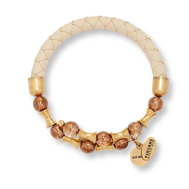 Alex and Ani Rooted Mystery Cream Leather and Brown Glass Beaded Wrap Bangle in Gold-Tone Brass