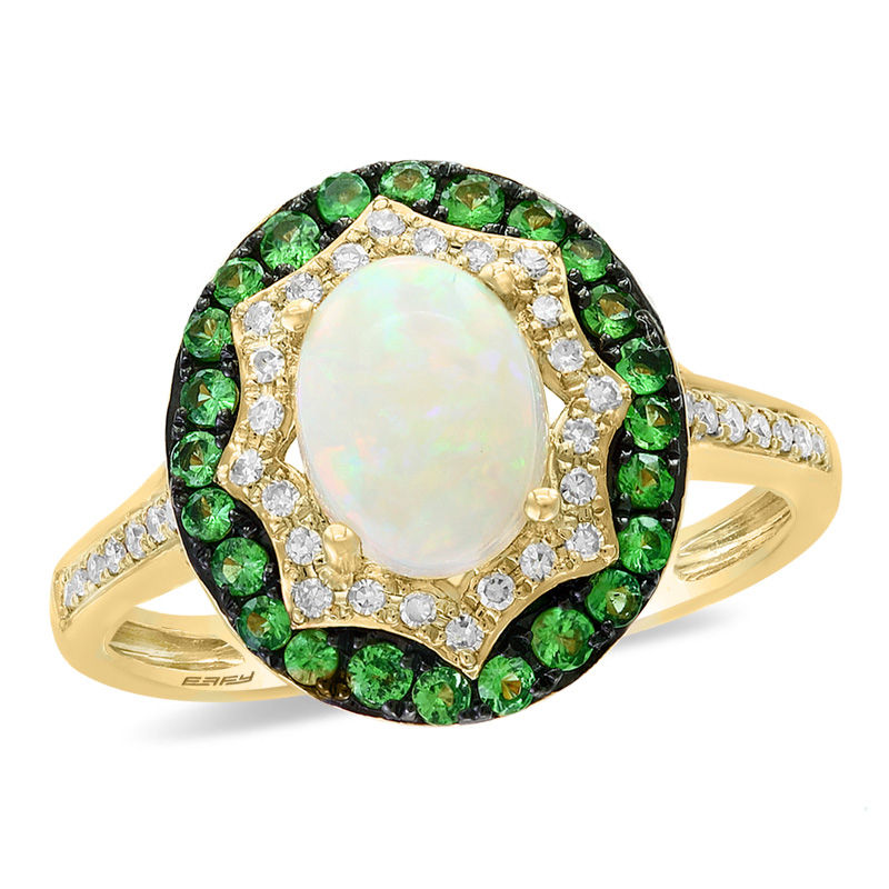Main Image 1 of EFFY™ Collection Oval Opal, Tsavorite and 1/6 CT. T.W. Diamond Double Frame Ring in 14K Gold