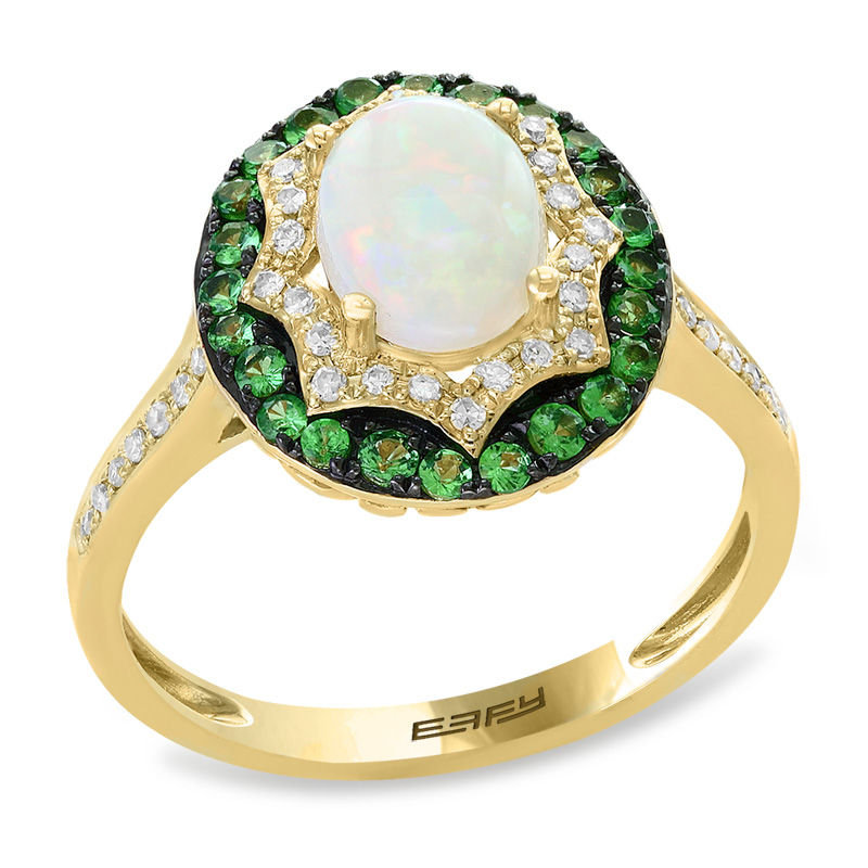 EFFY™ Collection Oval Opal, Tsavorite and 1/6 CT. T.W. Diamond Double Frame Ring in 14K Gold