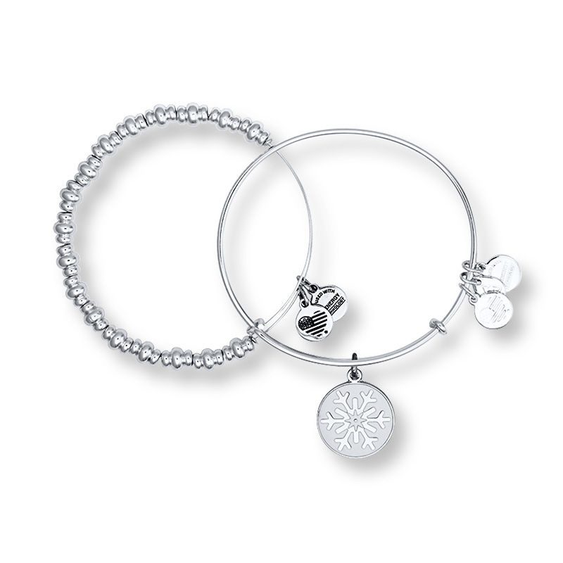 Alex and Ani Snowflake Two-Piece Charm Bangle Set in Brass with Silver Electroplate
