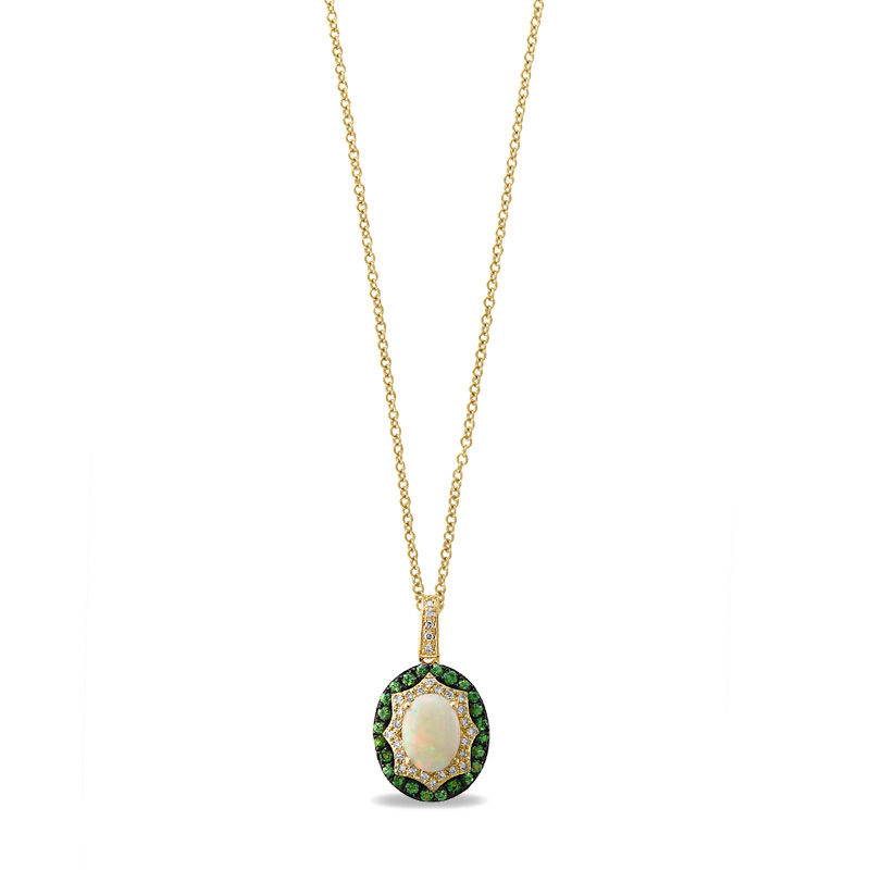 Main Image 1 of EFFY™ Collection Oval Opal, Tsavorite and 1/8 CT. T.W. Diamond Double Frame Pendant in 14K Gold