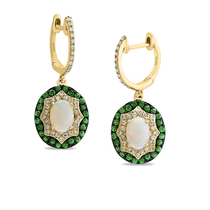 Main Image 1 of EFFY™ Collection Oval Opal, Tsavorite and 1/3 CT. T.W. Diamond Double Frame Drop Earrings in 14K Gold