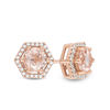 5.0mm Morganite and 1/8 CT. T.W. Diamond Hexagon Frame Stud Earrings in 10K Rose Gold