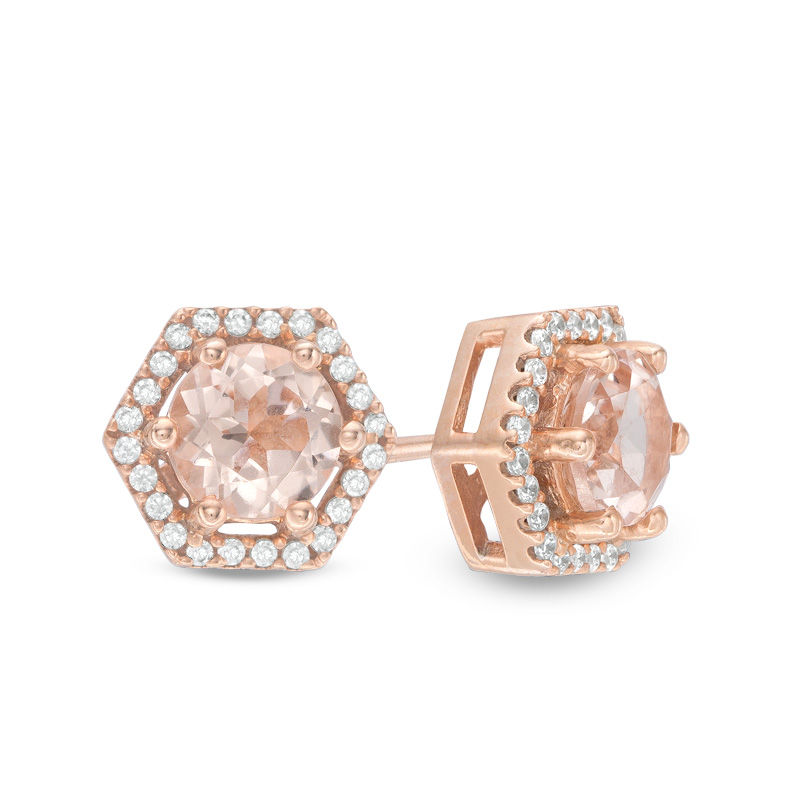 5.0mm Morganite and 1/8 CT. T.W. Diamond Hexagon Frame Stud Earrings in 10K Rose Gold