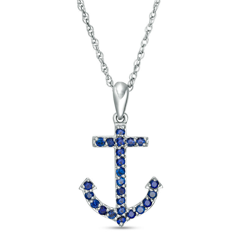 Main Image 1 of Lab-Created Blue Sapphire Anchor Pendant in Sterling Silver