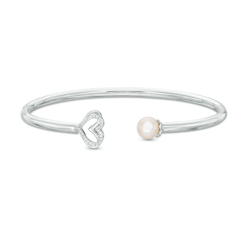 The Kindred Heart from Vera Wang Love Collection Cultured Freshwater Pearl and Diamond Bangle in Sterling Silver - 7.5"