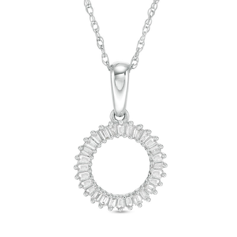 Main Image 1 of 1/10 CT. T.W. Baguette Diamond Circle Outline Pendant in 10K White Gold